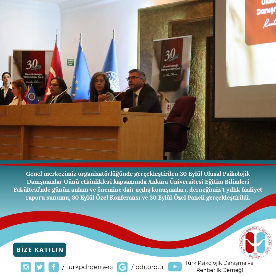 Genel merkezimiz organizatörlüğünde gerçekleştirilen 30 Eylül Ulusal Psikolojik Danışmanlar Günü etkinlikleri kapsamında Ankara Üniversitesi Eğitim Bilimleri Fakültesi Dekanı Prof. Dr. Selahiddin Öğülmüş ve Genel Başkanımız Mesut Yıldırım’ın açılış konuşması ile başlayan program,
