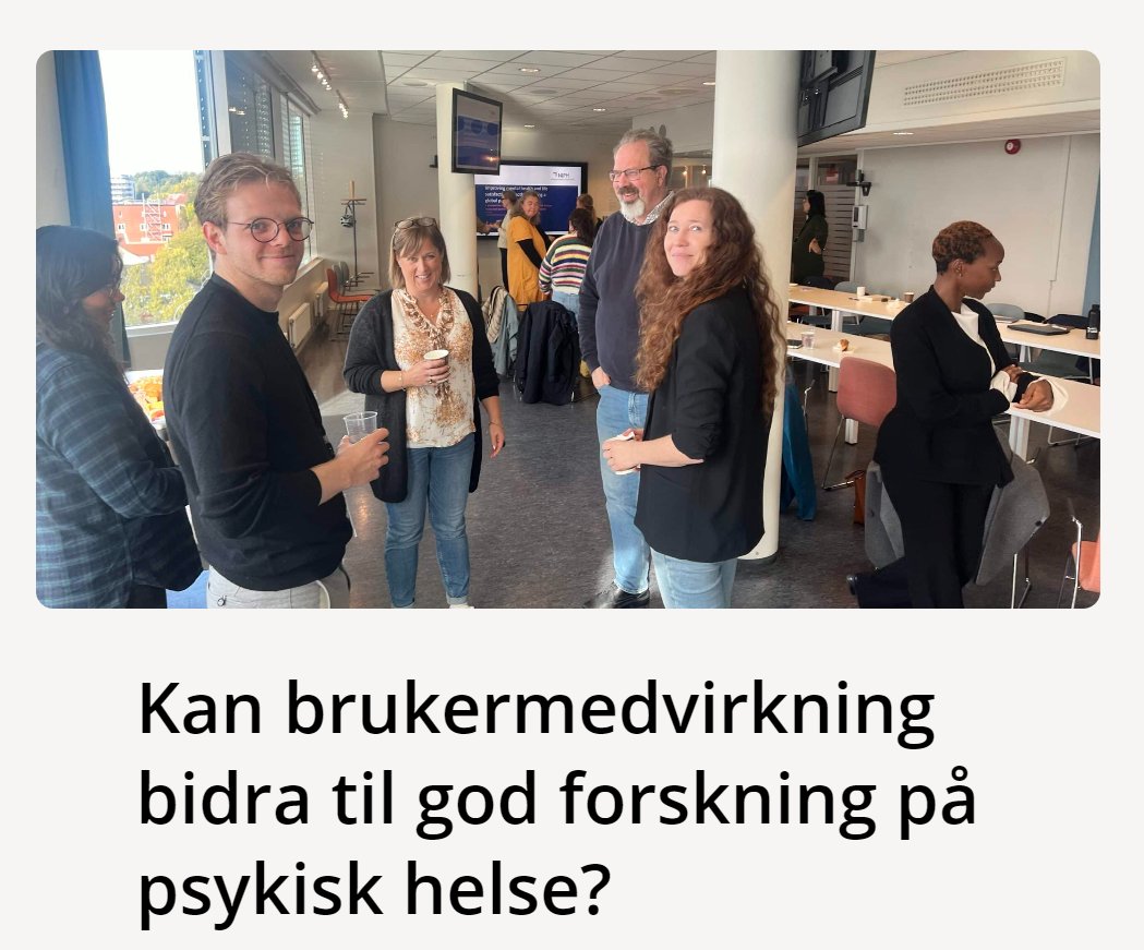 Ingunn Olea Lund (@ingunnolea) on Twitter photo Å involvere folk med egenerfaring i forskningen er avgjørende! Takk til <a href="/MHelse/">Mental Helse</a> for samarbeid om inspirerende seminar, og for flott nyhetssak – vi gleder oss til videre samarbeid! 🤝 #psykiskhelse #ForskningMedMening 📸Joachim Kjennerud/Mental Helse
mentalhelse.no/aktuelt/kan-br… Å involvere folk med egenerfaring i forskningen er avgjørende! Takk til <a href="/MHelse/">Mental Helse</a> for samarbeid om inspirerende seminar, og for flott nyhetssak – vi gleder oss til videre samarbeid! 🤝 #psykiskhelse #ForskningMedMening 📸Joachim Kjennerud/Mental Helse
mentalhelse.no/aktuelt/kan-br…