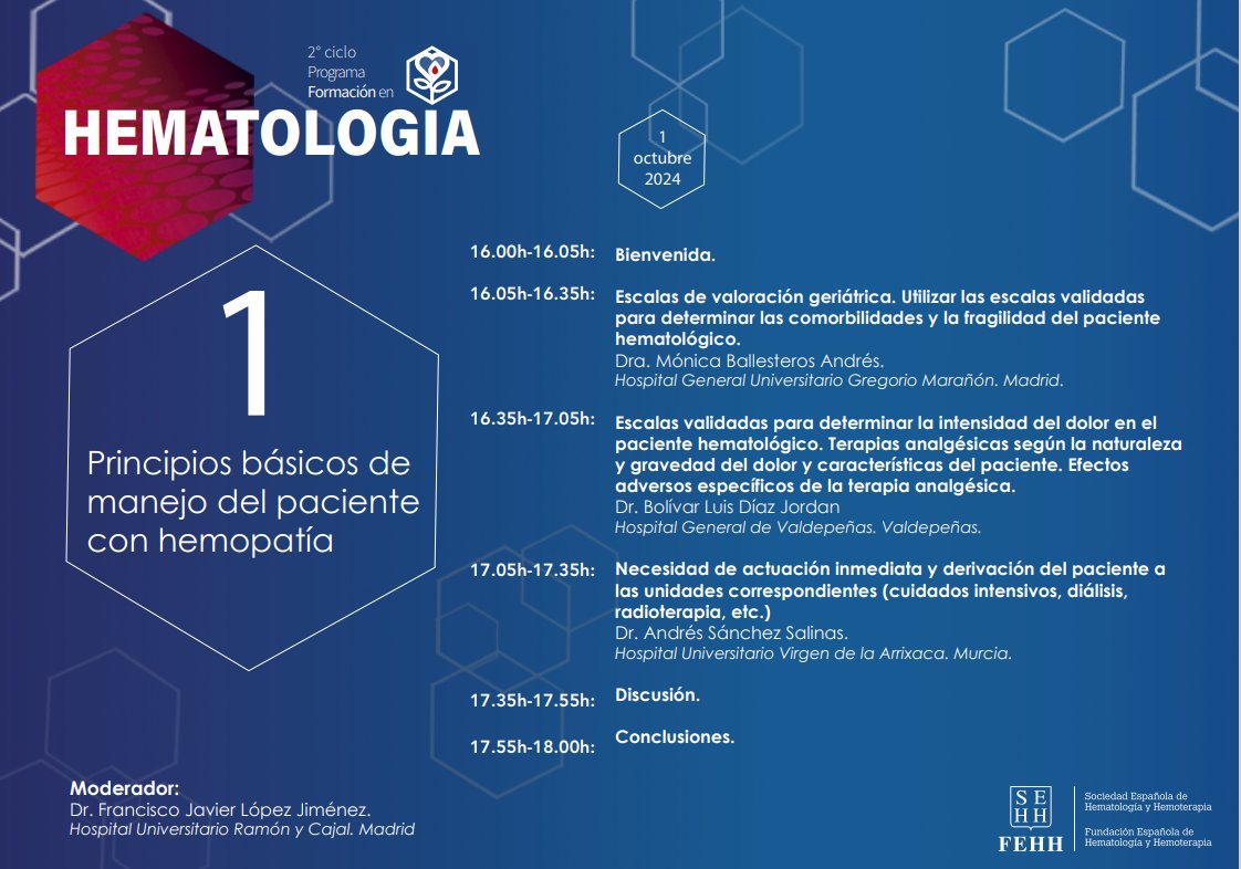 sehh_es's tweet photo. 📢Esta tarde se celebra el Curso 1 del #PorgramaDeFormación en la #Hematología de la #SEHH: "Principios básicos de manejo del paciente con #hemopatía" 

 ¡No te lo pierdas!👉https://t.co/wJk1Fe4cc5 🕜16.00 a 18.00 h

#SEHHematología #SEHHContigo