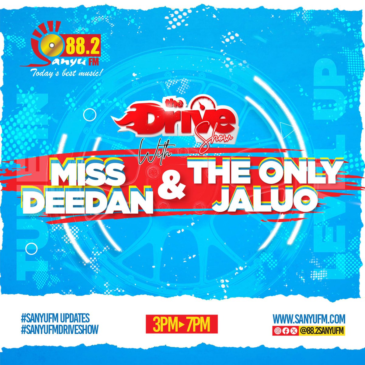 Your Drive home just changed! 
Join <a href="/missdeedan/">Deedan Muyira</a> and <a href="/theonlyjaluo/">♂️ The Only Jaluo AYEYA</a> on the #SanyuFMDriveShow for an unmatched afternoon of style, energy, and the best music. Catch them live from 3PM to 7PM
#SanyuFMUpdates #SanyuFMDriveShow