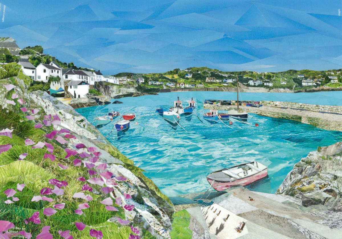 Junkmailart's tweet photo. A sunny day in Coverack!  My latest Paper Collage all made from repurposing old magazines and junk mail!  Now available to buy on my website and will be available to see @coastcolourcanvasgallery at my exhibition with @helford.artists on 19th October! 💙 https://t.co/FtvGLPByae