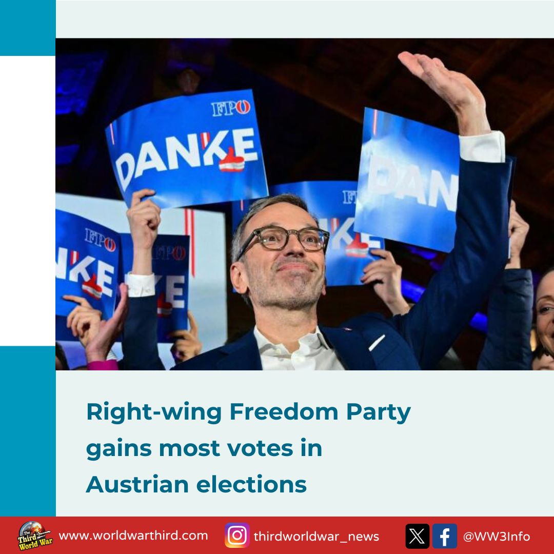 WW3Info's tweet photo. #WW3: Austria's far-right #FreedomParty emerges as the largest party after recent elections, securing 29.2% of the vote. Leader #HerbertKickl declares it the start of a new era for Austria. The victory has sent shockwaves across Europe's leading nations & #EU. #AustrianElection https://t.co/ngu6vIhfhP