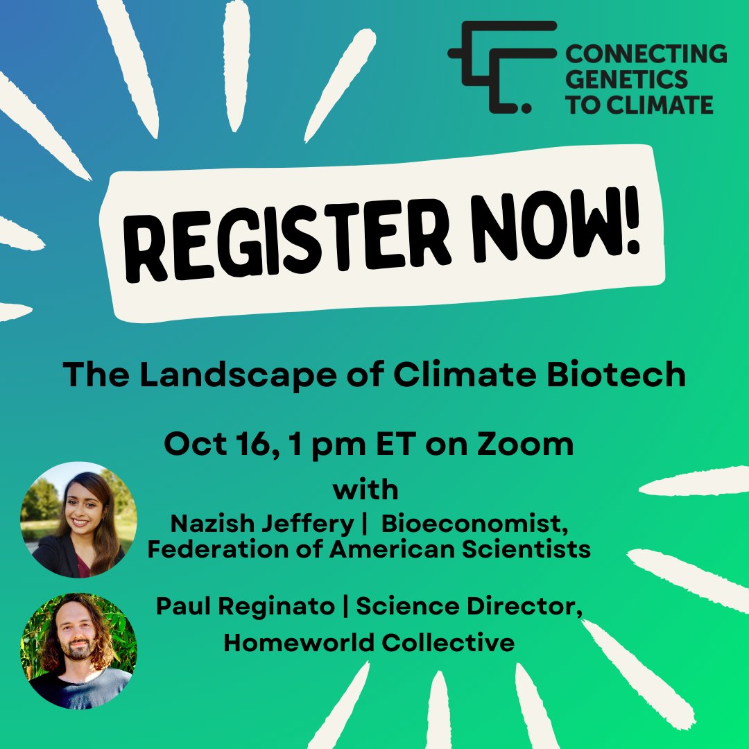 connectgenetics (@connectgenetics) on Twitter photo Register harvard.zoom.us/meeting/regist… to join us on Oct 16, 1pm ET for a broad look across the many biotechnologies with climate applications #climatebiotech. Nazish Jeffery @scientistorg and Paul Reginato <a href="/HomeworldBio/">Homeworld Collective</a> will be with us moderated by <a href="/leonor_sierra/">Leonor Sierra</a>. Register harvard.zoom.us/meeting/regist… to join us on Oct 16, 1pm ET for a broad look across the many biotechnologies with climate applications #climatebiotech. Nazish Jeffery @scientistorg and Paul Reginato <a href="/HomeworldBio/">Homeworld Collective</a> will be with us moderated by <a href="/leonor_sierra/">Leonor Sierra</a>.