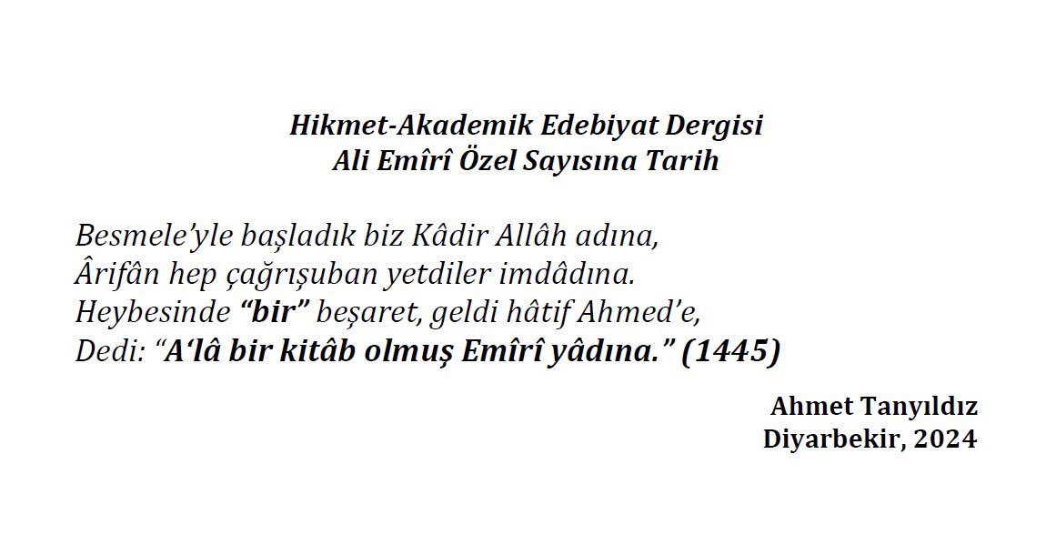 Vefatının 100. yıldönümü münasebetiyle hazırladığımız Ali Emîrî Özel Sayısı yayımlanmıştır. Emeği geçen dostlarımıza teşekkürle…
                     👇
dergipark.org.tr/tr/pub/hikmet/…