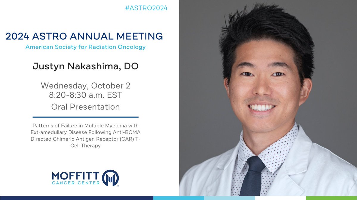 During #ASTRO24, Justyn Nakashima, DO (<a href="/NakashimaJustyn/">Justyn Nakashima, DO</a>) highlights the patterns of failure in multiple myeloma with extramedullary disease following anti-BCMA directed CAR T. #MoffittASTRO24

⏰: 10/2 8:20 p.m. - 8:30 a.m. EDT
📍: Room 1144
Learn more ➡️ bit.ly/3BkX7VU