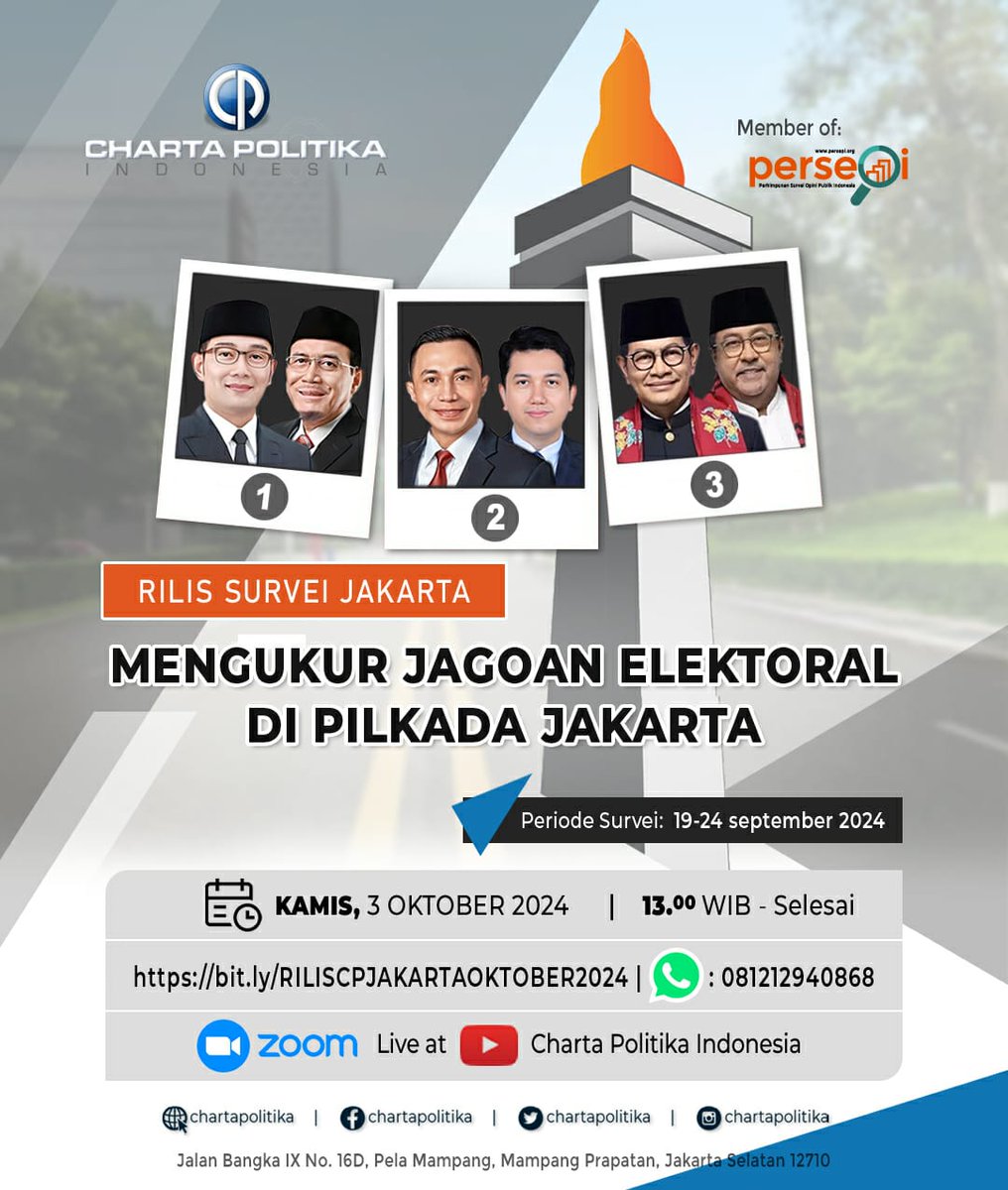 Rilis Hasil Survei Pilkada Jakarta bertajuk, *Mengukur Jagoan Elektoral di Pilkada Jakarta* 

Hari/Tanggal: *Kamis/03 Oktober 2024* 
Waktu: *13.00 - 15.00 WIB* 
Pembicara : <a href="/yunartowijaya/">Yunarto Wijaya</a> (Dir. Eksekutif)* 

Untuk pendaftaran ,  klik link bit.ly/RILISCPJAKARTA…  

#rilischarta