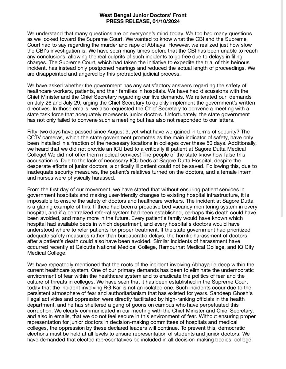 Indian__doctor's tweet image. Press release by West bengal junior Doctors !!

Westbengal junior doctors are on again in Complete Strike !!
@AITCofficial @INCIndia @narendramodi @BJP4India
#justiceforRGKar #justiceforabhya