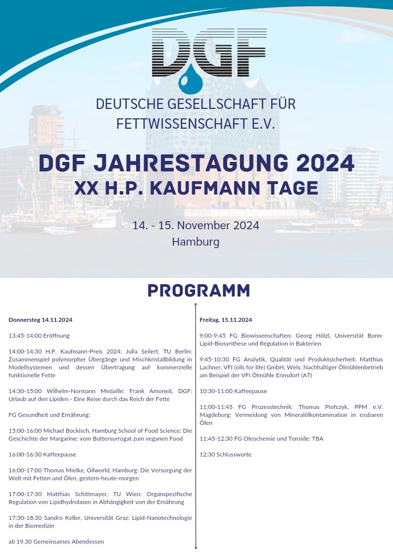 📢 Reminder: DGF Jahrestagung 2024
📅 14.-15. November | 📍 Hamburg

Die DGF Jahrestagung ist in wenigen Wochen! Melden Sie sich jetzt an, um spannende Fachvorträge und Diskussionen nicht zu verpassen. 🎤🔬

🔗 Hier anmelden: veranstaltungen.gdch.de/microsite/inde…

#Jahrestagung2024 #Fette #dgf