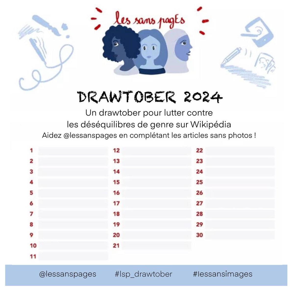les sans pagEs 💪🏾🧙♀️🏳️🌈 (@lessanspages) on Twitter photo Pour la 4e année consécutive, nous vous proposons de participer au #lsp_drawtober : illustrez des articles <a href="/Wikipedia_fr/">Wikipédia en français</a>
sans image, lié au #BiaisDeGenre (biographie, fait de société, etc) !
Pour plus d'infos : fr.wikipedia.org/wiki/Projet:Le…
#drawtober #inktober2024 <a href="/WikiCommons/">Wikimedia Commons</a> Pour la 4e année consécutive, nous vous proposons de participer au #lsp_drawtober : illustrez des articles <a href="/Wikipedia_fr/">Wikipédia en français</a>
sans image, lié au #BiaisDeGenre (biographie, fait de société, etc) !
Pour plus d'infos : fr.wikipedia.org/wiki/Projet:Le…
#drawtober #inktober2024 <a href="/WikiCommons/">Wikimedia Commons</a>
