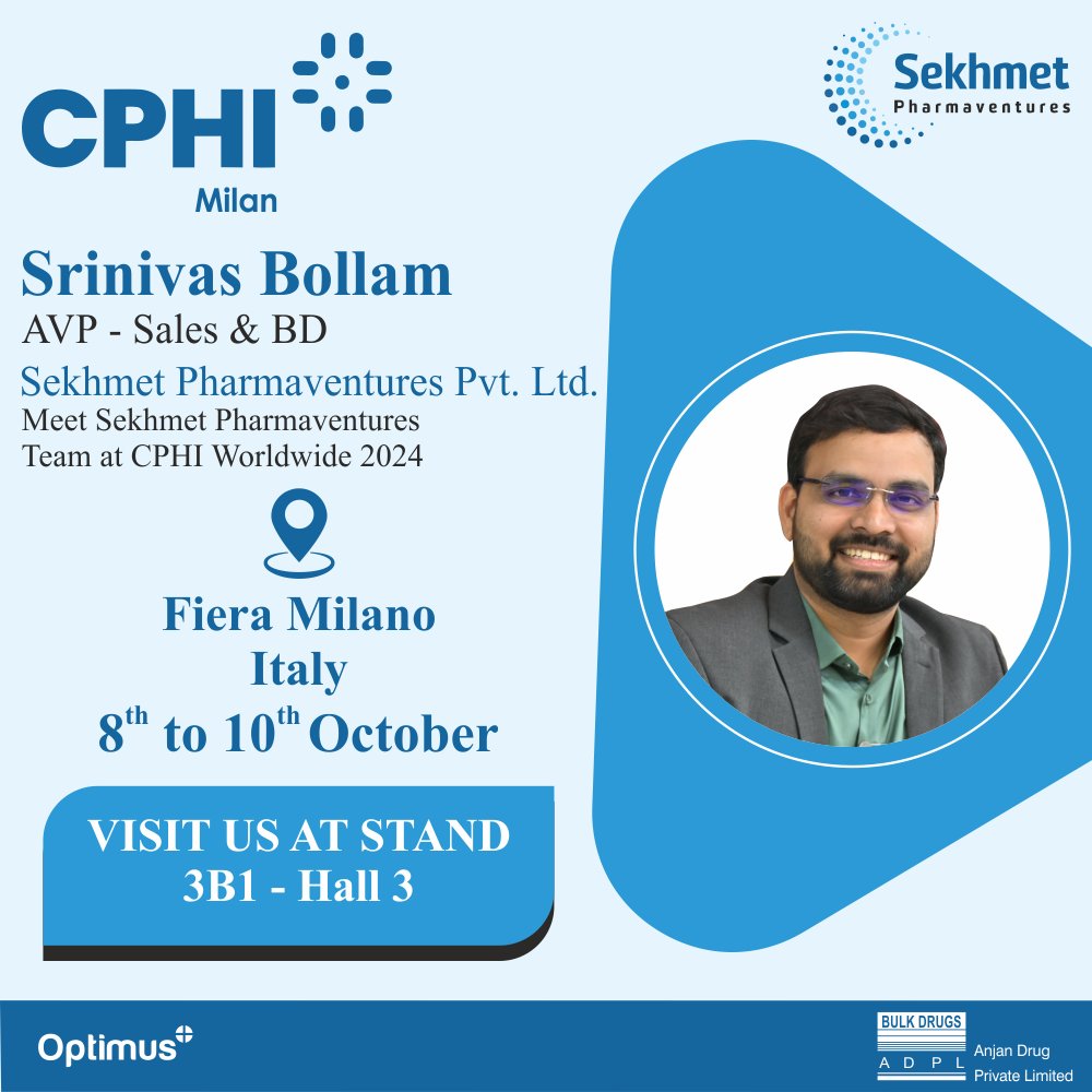 CommsSekhmet's tweet image. Meet Mr. Srinivas Bollam, AVP - Sales &amp;amp; BD at Sekhmet Pharmaventures, at #CPHIWW in Milan from October 8th to 10th. Visit us at Stand 3B1 - Hall 3.
#Sekhmet #CPHIWW #Milan #Pharma #PharmaEvents