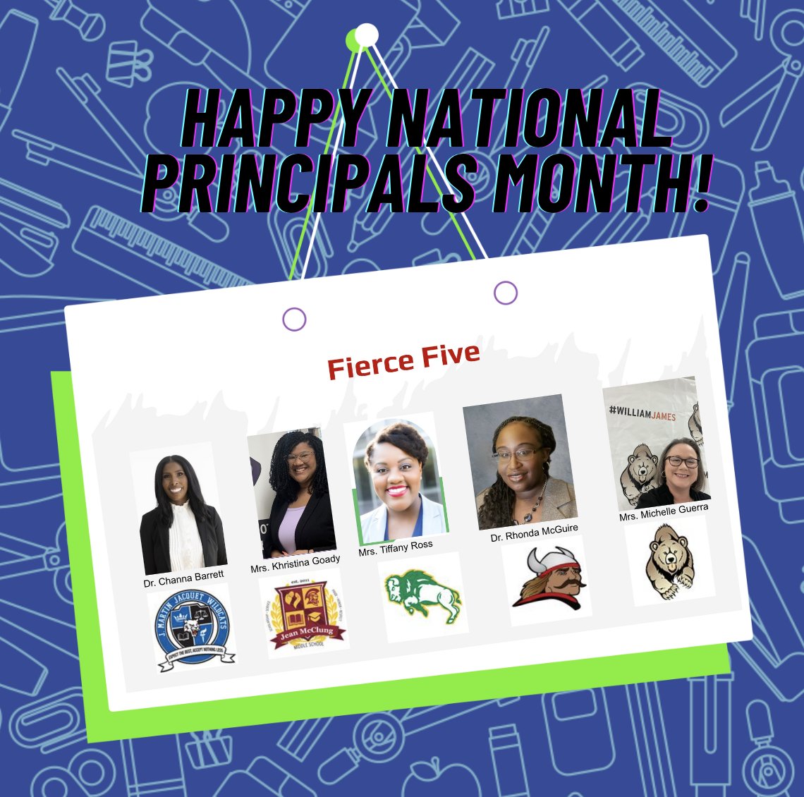 Olga007's tweet photo. Happy #NationalPrincipalsMonth! 🎉 Honoring our #FierceFive middle school leaders who inspire, empower, and drive excellence every day. Your dedication shapes the future, and we're grateful for your leadership! 💪📚 #ThankAPrincipal  #MiddleSchoolMatters https://t.co/6J5zV4YvwK