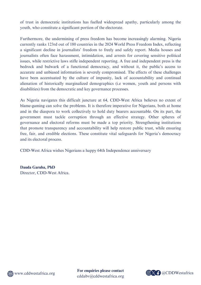 Press Statement 
1st October, 2024

Nigeria@64: CDD Calls for Urgent Reforms To Reflate Economy, Tackle Insecurity, Other Key Governance Challenges

🔗 cddwestafrica.org/press-releases…

#IndependenceDay 
#NigeriaAt64 
#HappyIndependenceDayNigeria 
#PressStatement