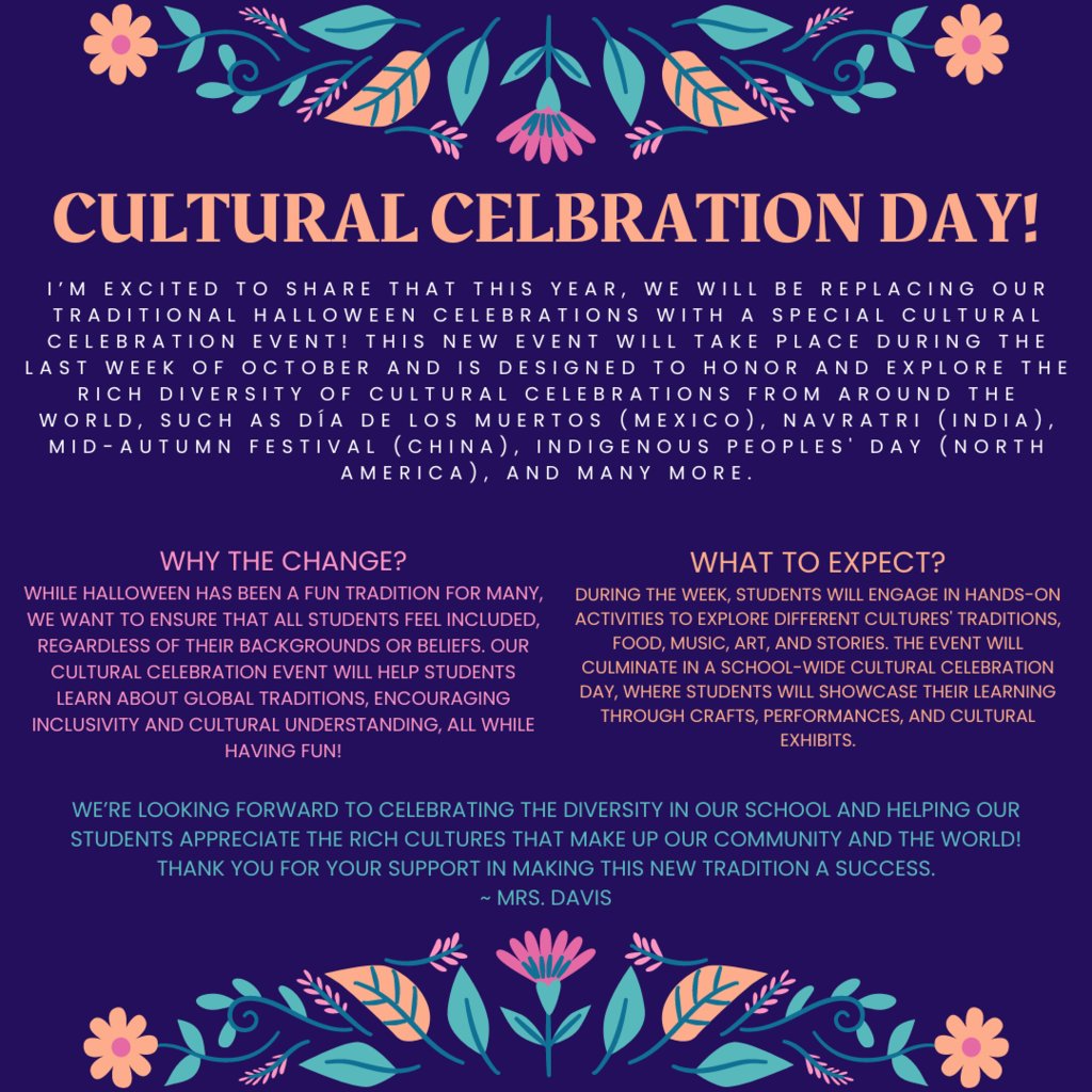 Hi Bronco Families,

Please see the image below for details about an exciting new tradition for our October holidays!
Thank you for your support!
Mrs. Davis