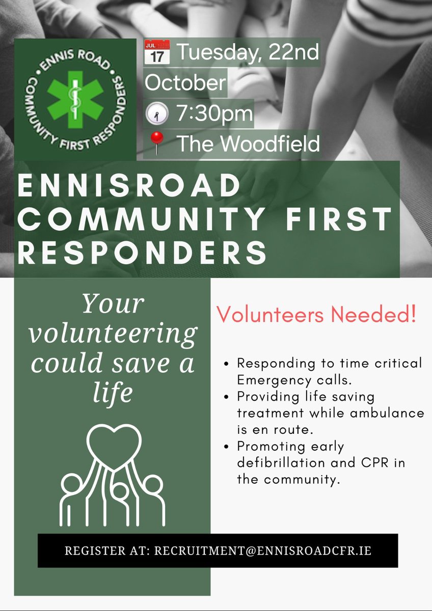 🚨 Interested in Volunteering? 🚨
Join us for the Ennis Rd CFR Information Evening on Tues, 22nd Oct @ 7:30pm at The Woodfield! Learn how YOU can make a difference in your community. No experience needed – just the heart to help! ❤️
#EnnisRdCFR #CommunityFirstResponders #JoinUs
