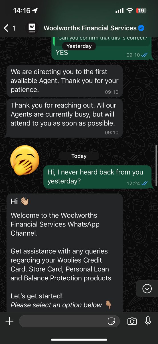 larsliedberg's tweet photo. @WOOLWORTHS_SA Sorry but your whatsapp support line is absolute rubbish. I tried to use it yesterday and you never got back to me. I tried again today and got a response an hour later. When I replied you put me back in the same loop. #frustrated https://t.co/cuGzofzR68