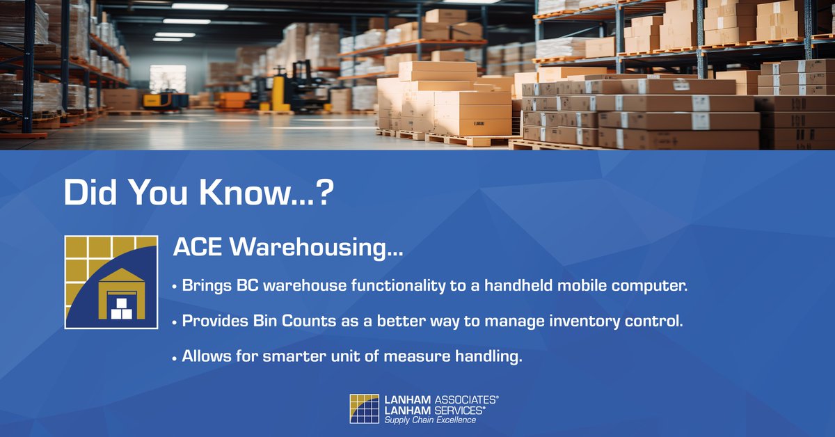 ACE Warehousing, built inside Microsoft Dynamics 365 #BusinessCentral, provides mobile, real-time, data-validated 
access to your inventory via handheld devices.  Increase productivity and inventory accuracy! #businesscentral #dynamics365