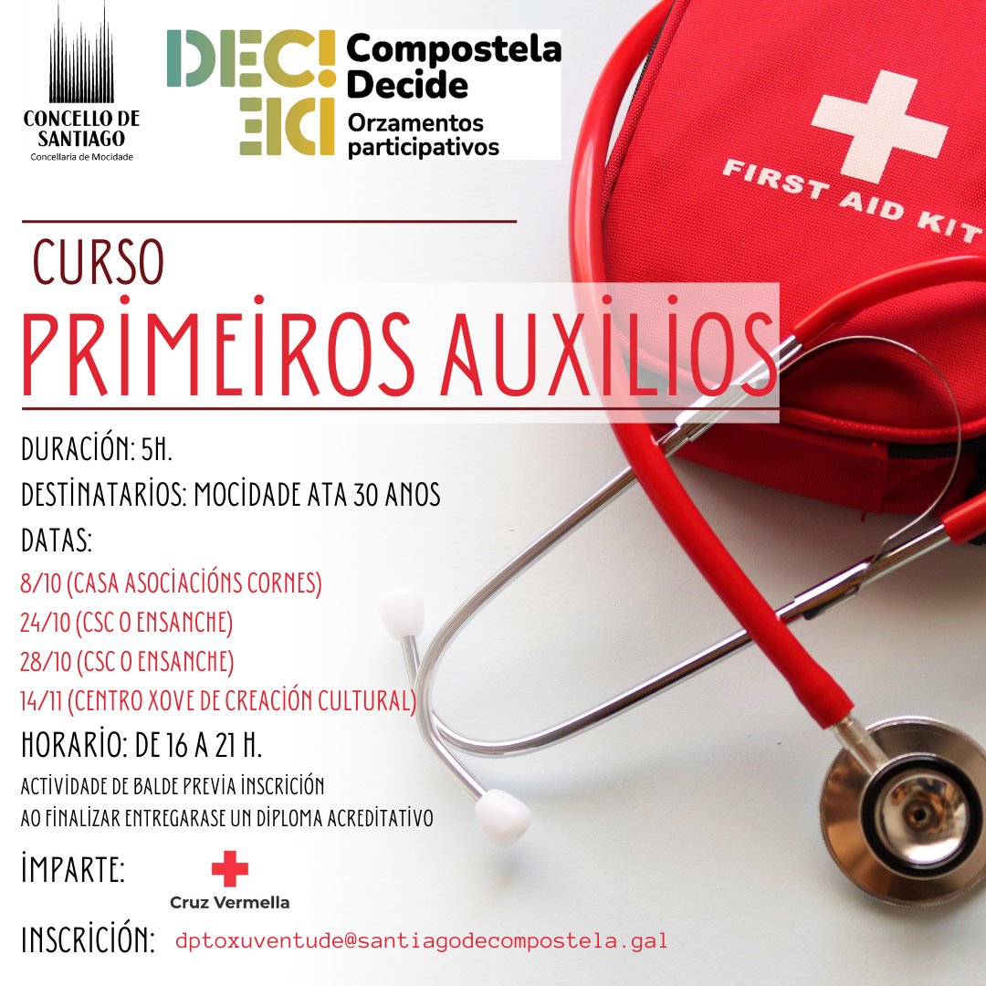 PazodeRaxoi's tweet photo. 🩹🩺Aberta a inscrición nos cursos de Primeiros Auxilios dos #OrzamentosParticipativos de Mocidade 

🗓️ 8, 24 e 28 OUT e 14 NOV
🖱️inscrición👉 https://t.co/t7RNAhvNUK https://t.co/GZIDkN0dpE