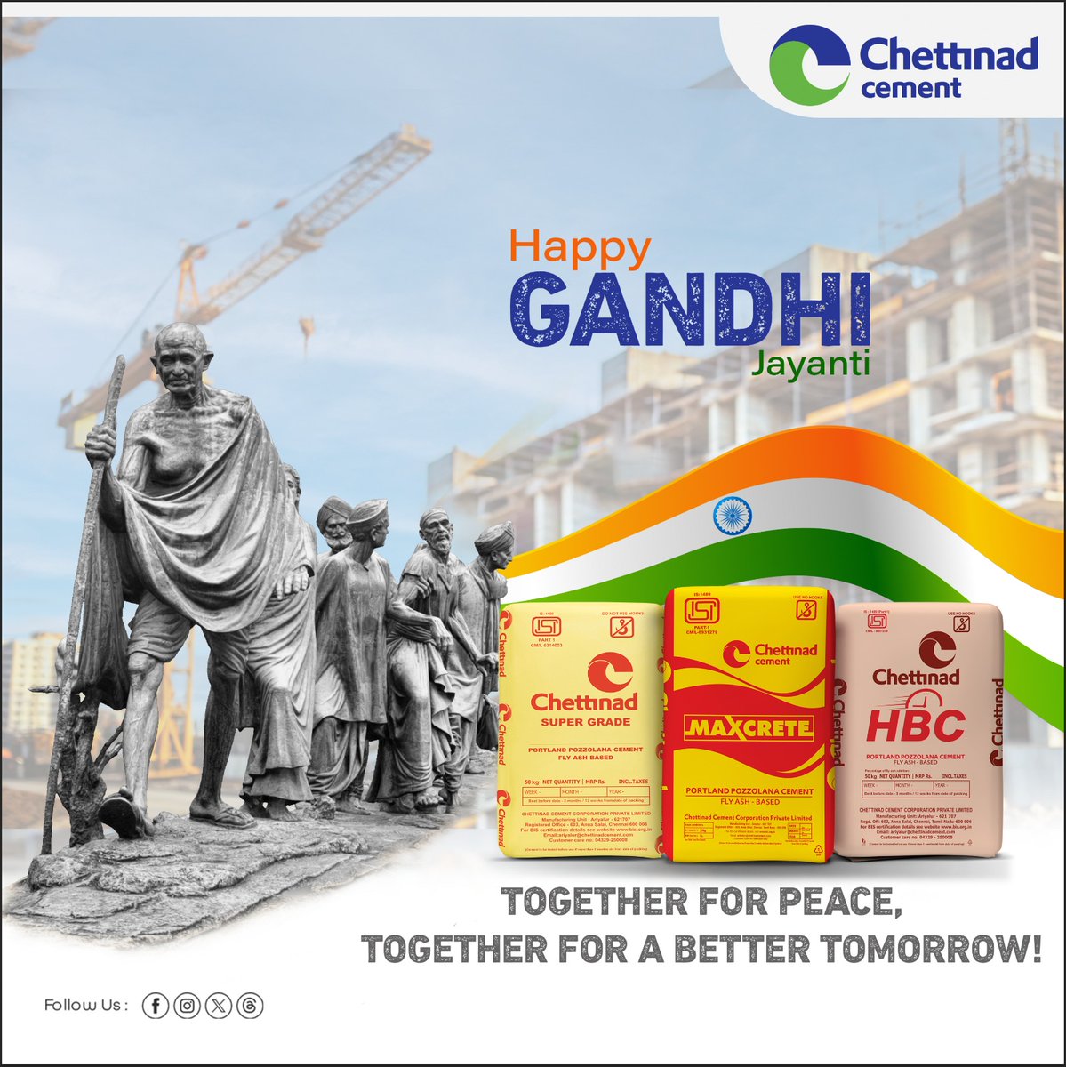 ChettinadCement's tweet photo. On this Gandhi Jayanti, Chettinad Cement honors the spirit of peace and unity that Mahatma Gandhi embodied. May his teachings inspire us all to build a more harmonious and sustainable future together.
#HappyGandhiJayanti #gandhijayanti2024 #chettinadcement #maxcrete #supergrade https://t.co/o4PShTy0w6