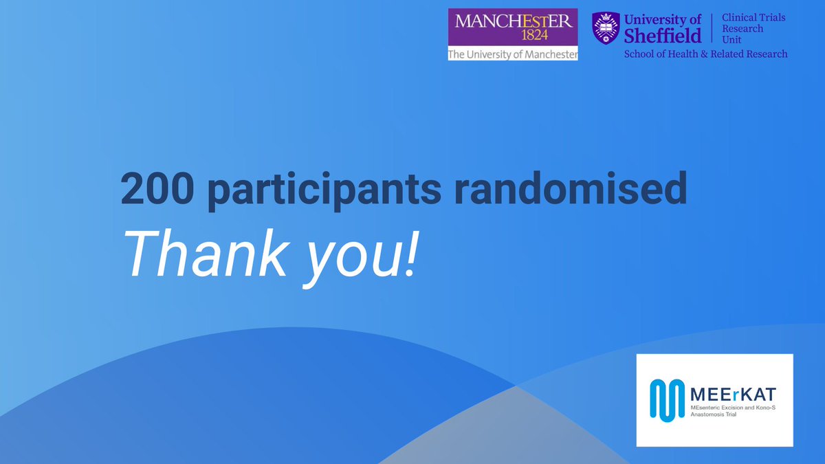 A big thank you to all of the participants and study staff involved in MEErKAT for helping us to improve care for patients with Crohn's disease. We have now randomised 200 participants! 

#CrohnsDisease #ClinicalTrials #KonoS #Mesentery