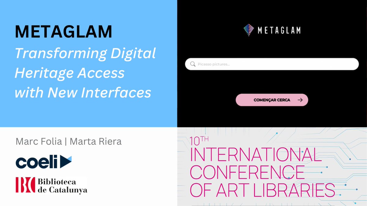 CoeliPlatform's tweet photo. 🟠#GoCoeli | We're excited to present tomorrow "@Metaglam: Transforming Digital Heritage Access with New Interfaces" at the 10th International Conference of Art Libraries (@MuseuNac_Cat) along with @BiblioCatalunya.
🗣️ Marc Folia & Marta Riera
🗓️ Friday, 4th Oct | ⏳ 11:00h https://t.co/vuaAe2Tsfl