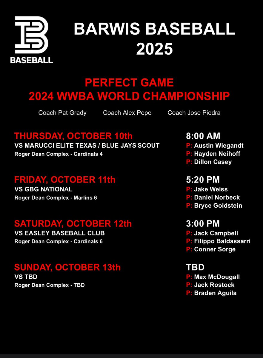 BARWIS2025's tweet photo. Our schedule and pitching rotation is set for next weekends @PG_Tourney WWBA Worlds in Jupiter. 💪💪
#WWBAWorlds https://t.co/8qR44LwFMG