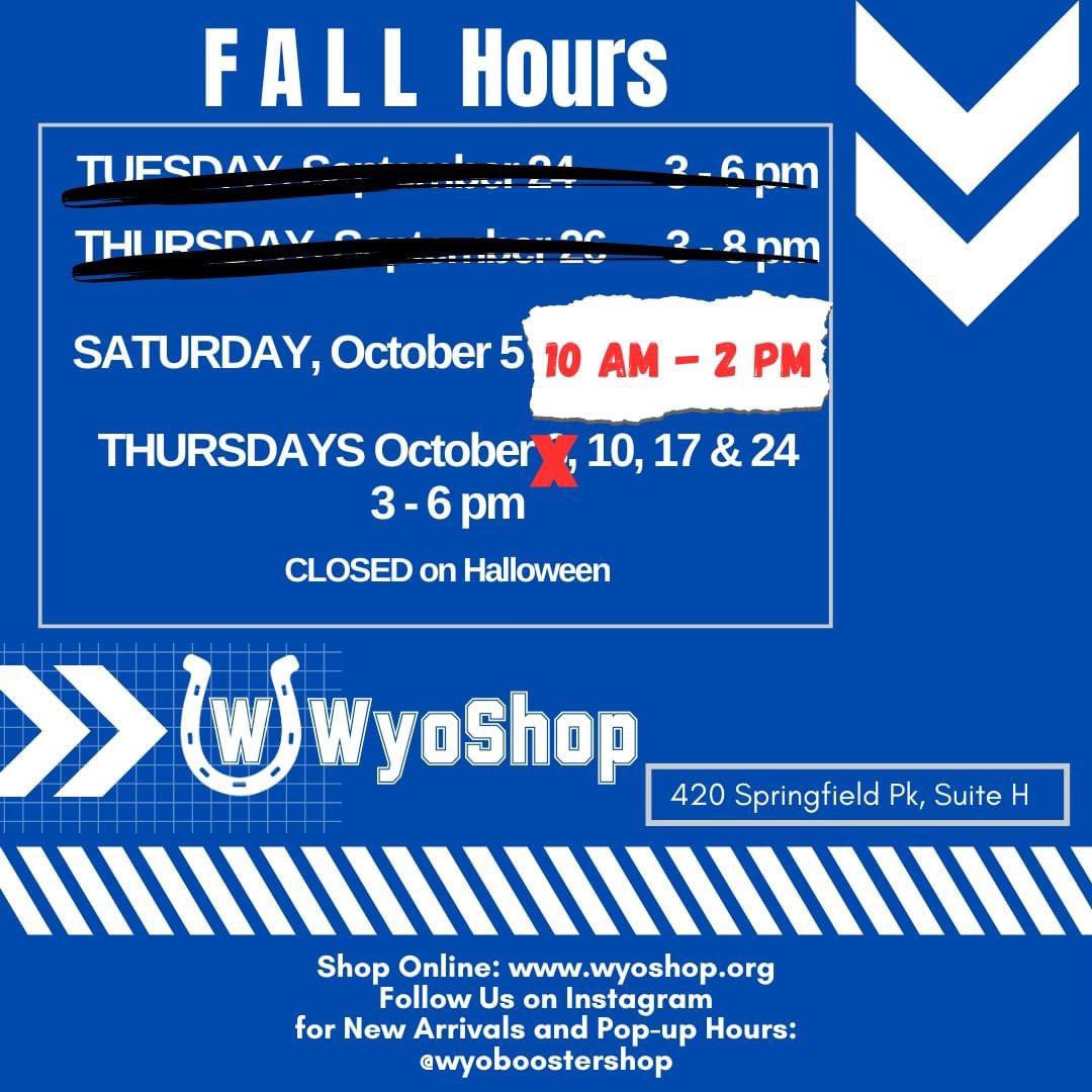 Wyoming Athletic Boosters (@wyoboosters) on Twitter photo 👉Change of Plans❗️
WyoShop will NOT be open this Thursday, October 3. We will, however, be open this Saturday, October 5 from 10 am - 2 pm during Fall Festival, in our regular location at 420 Springfield Pk, Suite H behind district office. <a href="/WyomingSports/">Wyoming Athletics</a> 👉Change of Plans❗️
WyoShop will NOT be open this Thursday, October 3. We will, however, be open this Saturday, October 5 from 10 am - 2 pm during Fall Festival, in our regular location at 420 Springfield Pk, Suite H behind district office. <a href="/WyomingSports/">Wyoming Athletics</a>