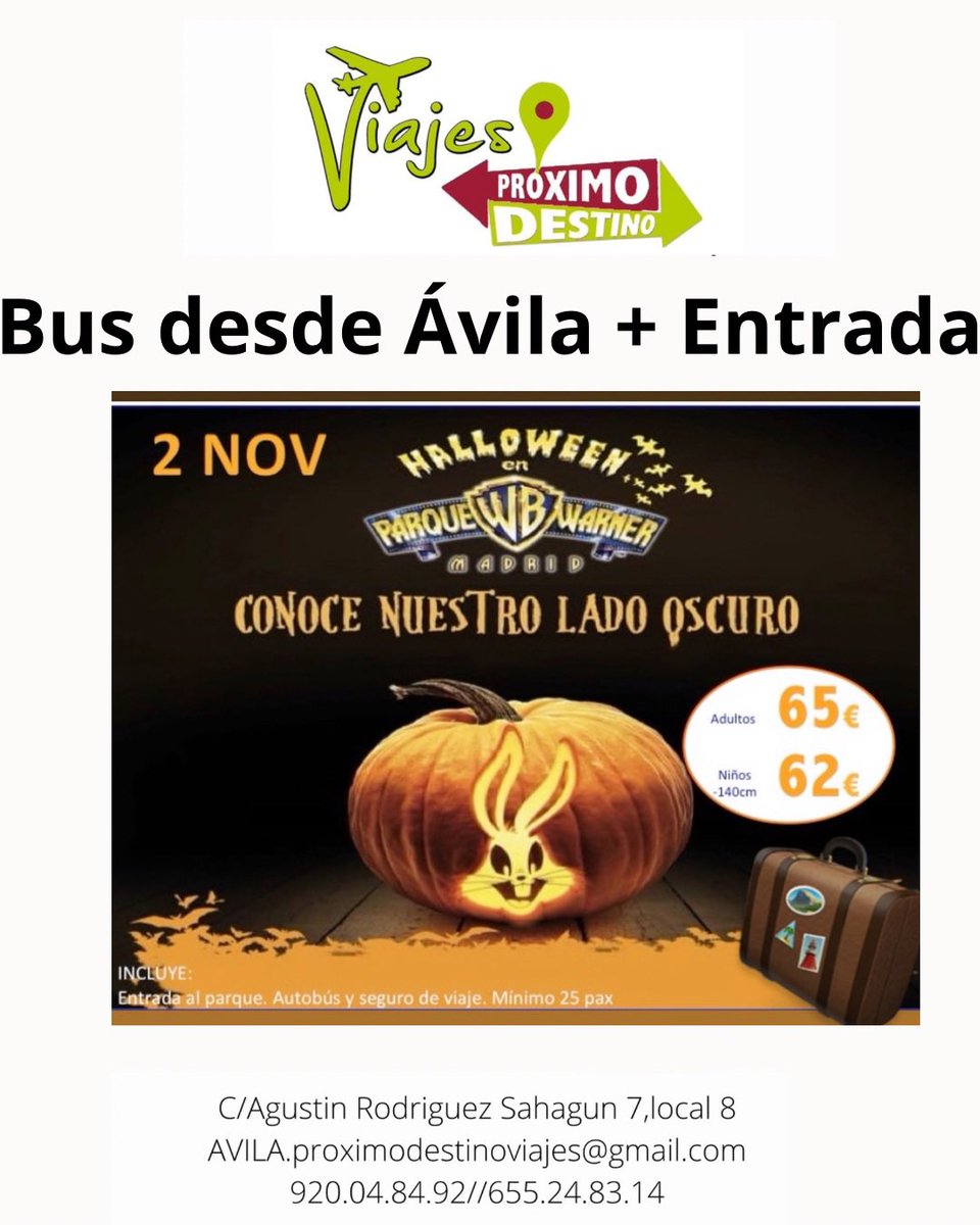 Llega HALLOWEEN 🎃
Y nos vamos a Parque Warner Madrid !!!!!
Bus desde Ávila + Entrada….. 65€

#Halloween #WarnerBros #WarnerBrosMadrid #TuAgenciaDeViajes #avila #viajesproximodestino