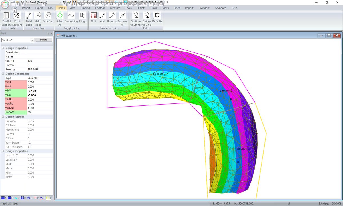 Laser grading baseball fields in Iowa pt 2. This is what our field mapping software looks like. This is an after picture. You can see the water flows from high to low in a consistent pattern. The accuracy of our equipment is greater than 1/8".