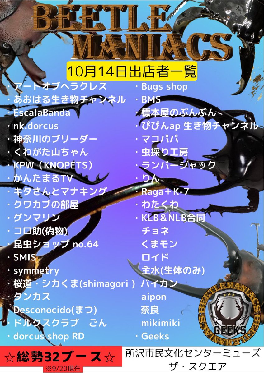 kuwagataYchan's tweet image. 10月14日、月曜日に所沢で開催される『ビーマニ』に、今回初めて出店させていただくことになりました！

オオクワガタ久留米を20ペアほど、持っていきます。80mm～85mmまで、丹精込めてブリードしたオオクワガタをイベント価格にて、販売いたします。
よろしくお願いいたします。

#ビーマニ
#KLB
#NLB