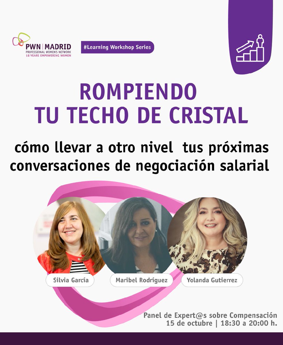 🔝 Rompe tu Techo de Cristal en el próximo Panel de Expert@s sobre Compensación y Negociación Salarial 💼💬

🗓️ Cuándo: 15 de octubre de 2024
⏰ Hora: 18:30 - 20:00 h.
📍 Lugar: Por definir

No te lo pierdas, ¡regístrate ya! pwnmadrid.org/eventos0 

#PWNMadrid #LWS
