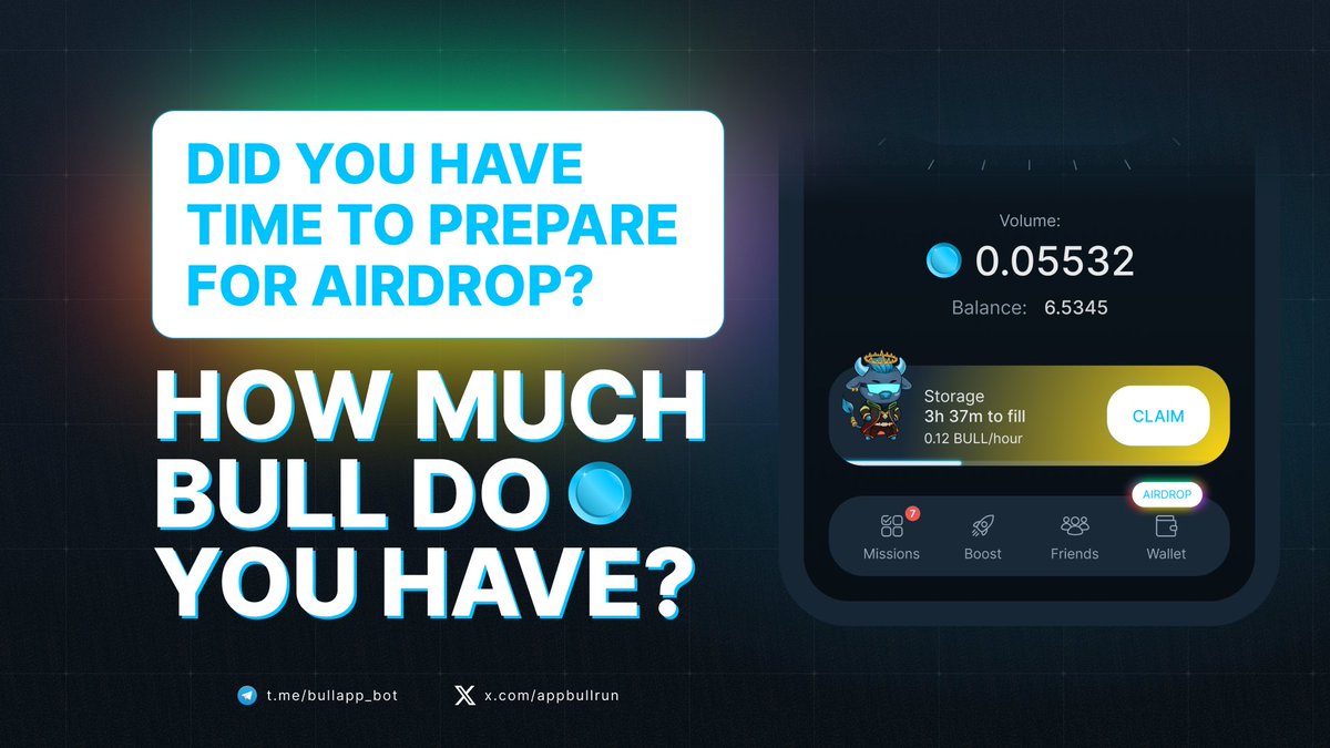 AppBullRun's tweet photo. The Airdrop date is approaching every day 

The #BullRun team plans to conduct an Airdrop between the end of November and the beginning of December, so it's time to summarize the interim results of your mining.

We would like to make you happy, we will soon introduce a new game feature in which active users will be able to extract more BULL, thereby increasing their payout in the drop.

Send in the comments to this post a screenshot from the application of how much you managed to mine $BULL.