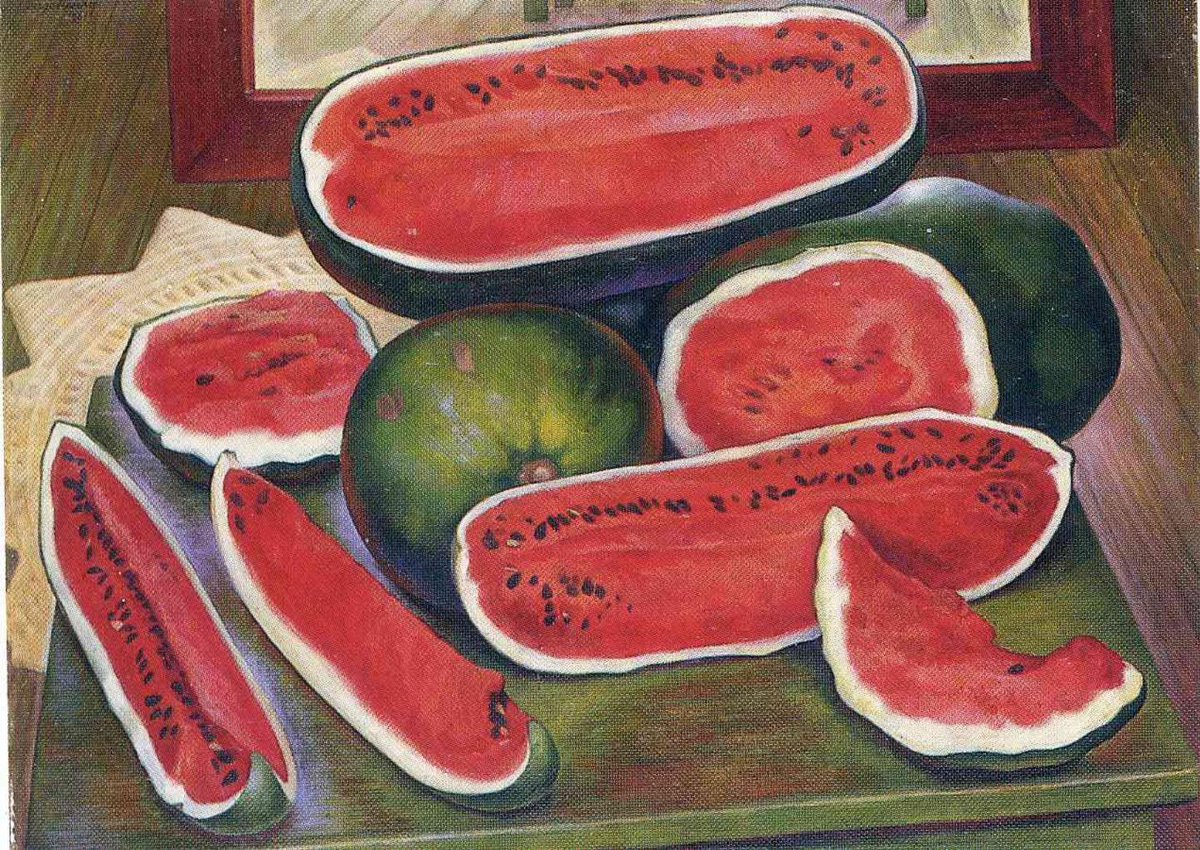 Did you know? Watermelons relate to the traditional Mexican Day of the Dead, November 2, when relatives imagine their dead feasting on watermelon and other favourite foods. On this day, Mexicans celebrate their dead.

Painting by: Diego Rivera, mixing sand with oil paint.

#melon