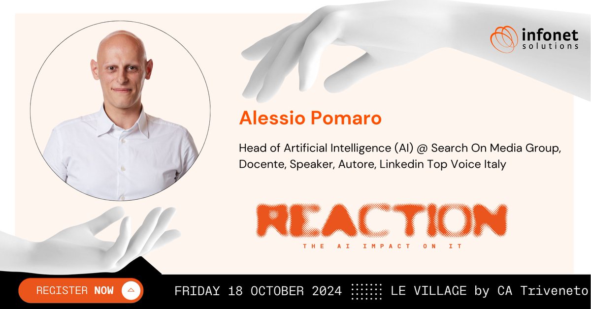 Non perdere l'intervento di Alessio Pomaro, esperto di intelligenza artificiale e divulgatore tecnologico, che parlerà dell'interessante tema di come l'intelligenza artificiale possa potenziare gli esperti, senza sostituirli. 
ISCRIVITI: eu1.hubs.ly/H0cHTql0