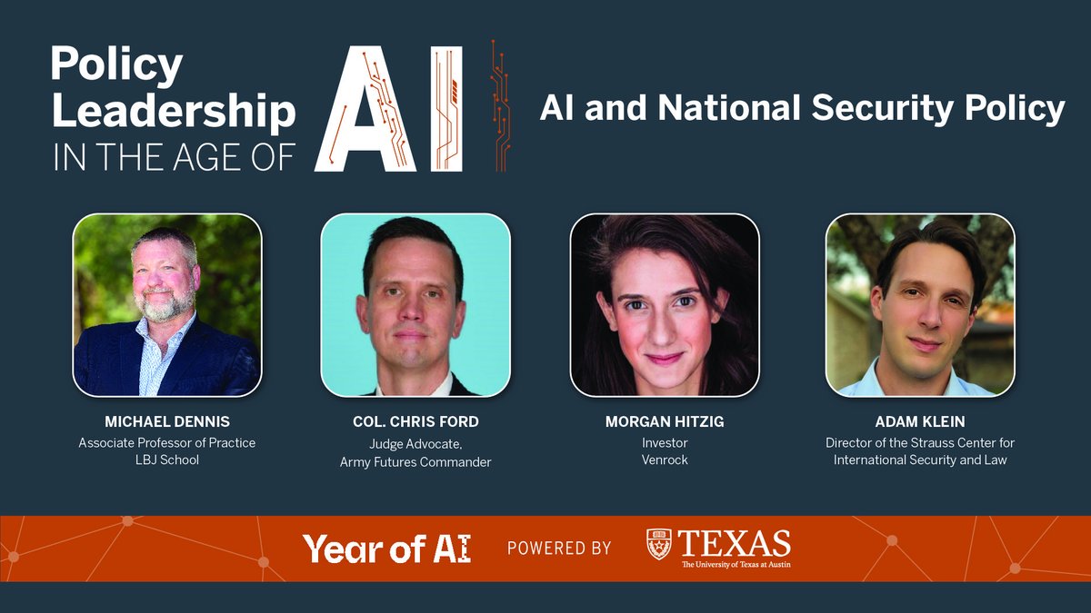Strauss Center (@strausscenter) on Twitter photo ⏰ TODAY ⏰ #StraussTech presents "AI & National Security Policy" as part of the <a href="/TheLBJSchool/">The LBJ School</a>'s Policy Leadership in the Age of AI Symposium. Join Strauss Director @Adam_I_Klein for this expert panel discussion.
📅: Tuesday, October 1
⏰: 4:05-5:20 pm
🏛️: LBJ School
#YearOfAI ⏰ TODAY ⏰ #StraussTech presents "AI & National Security Policy" as part of the <a href="/TheLBJSchool/">The LBJ School</a>'s Policy Leadership in the Age of AI Symposium. Join Strauss Director @Adam_I_Klein for this expert panel discussion.
📅: Tuesday, October 1
⏰: 4:05-5:20 pm
🏛️: LBJ School
#YearOfAI