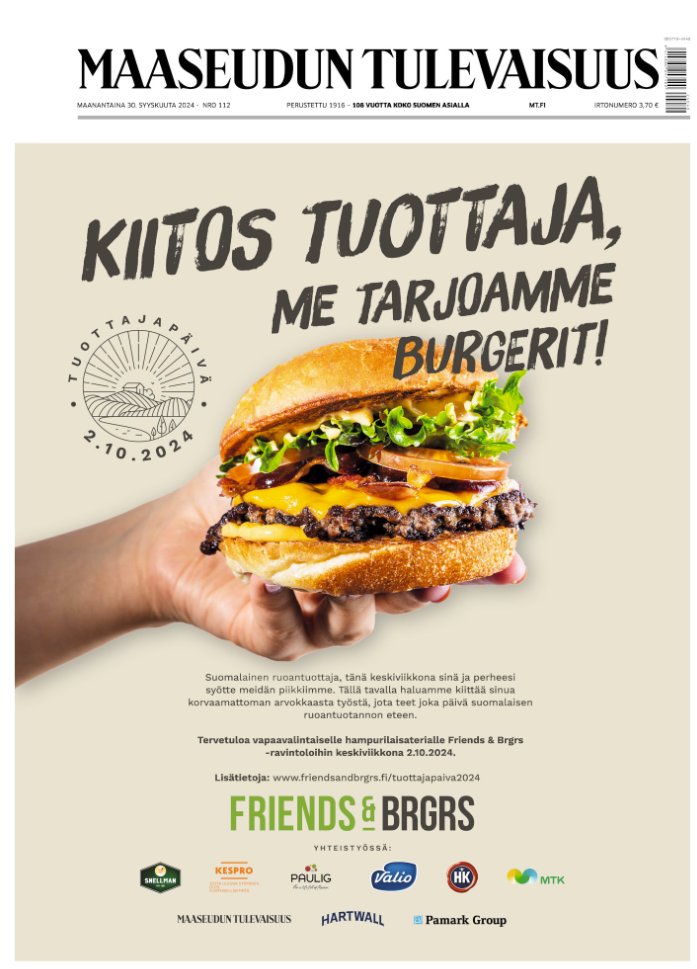 Olipa maanantaina komea etusivu <a href="/MaasTul/">Maaseudun Tulevaisuus</a>!
Tämä on teiltä #FriendsAndBrgrs hieno kampanja.
<a href="/MTKry/">MTK</a>-farmarijengi kiittää ja nostaa hattua!
Samoin muut Suomi-ruuan ystävät🤠👍🇫🇮