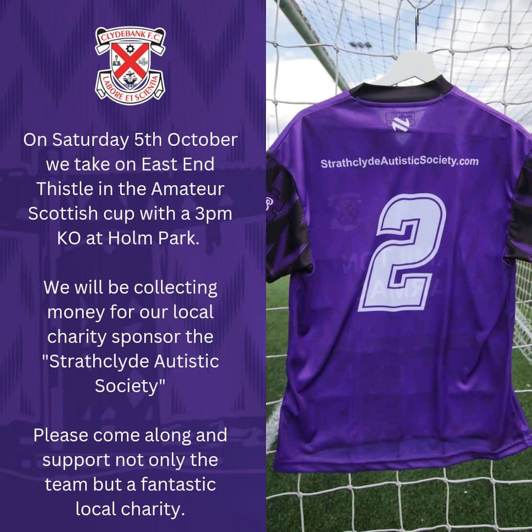 With <a href="/clydebankfc/">Clydebank FC</a> not playing at Holm Saturday, why not come along and support the morning team? KO is at 3pm at Holm Park

There will also be a collection for Strathclyde Autistic Society on the day

<a href="/GlasCollegesFA/">Glasgow Colleges FA</a>
<a href="/ftsc0res/">fulltimesc0res</a>
<a href="/scottish_aff/">AmateurFixturesResultsSCO</a>