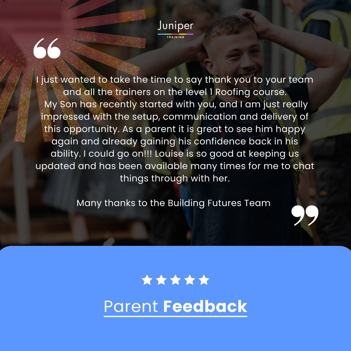 TrainingJuniper's tweet photo. Positive Parent Feedback π¬β¨
We are delighted to share this wonderful feedback from a parent whose son has recently started our Level 1 Pre-Apprenticeship Roofing course at our Building Futures centre in Aldridge
#JuniperTraining #BuildingFutures #PreApprenticeship https://t.co/RnQwfY89rj