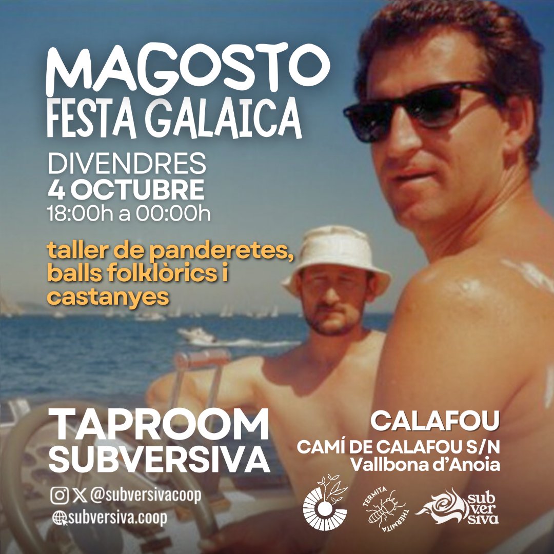 subversivacoop's tweet photo. 🍻 Taproom Subversiva 🍻
MAGOSTO: Festa Galaica

🍂🌰De la tradició galaica tindrem taller de panderetes, balls folklòrics i castanyes. Gratis!

📆 Divendres 4 Octubre
⏰ De 18h a 24h
📍Lloc Calafou, Vallbona d'anoia https://t.co/IezrjW0Gtd