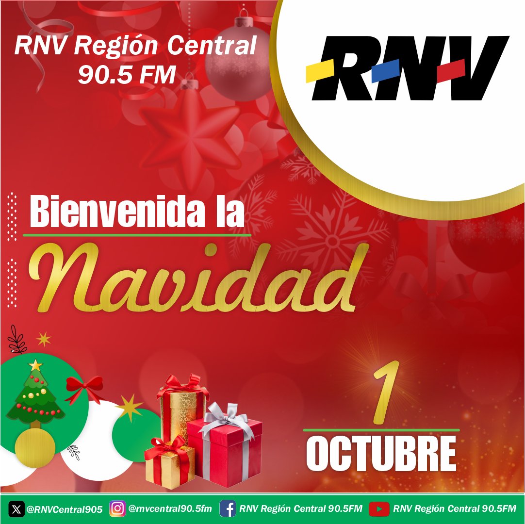 #01Oct||¡Bienvenido Octubre! ¡Bienvenida la Navidad!🎄🎁🎉
<a href="/RNVCentral905/">RNV REGIONCENTRAL</a> te invita a disfrutar en paz, amor y unión familiar, las fiestas decembrinas. ¡Venezuela celebra la Navidad! 🇻🇪