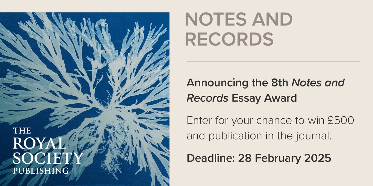 Exciting news, #histSTM friends! Notes and Records (<a href="/royalsociety/">The Royal Society</a>'s #histsci journal) is accepting submissions for its annual Essay Award.

Anyone who completed a postgrad degree in the past 5 years is eligible to compete. Entries are due Feb. 28, 2025: 

royalsocietypublishing.org/rsnr/essay-awa…