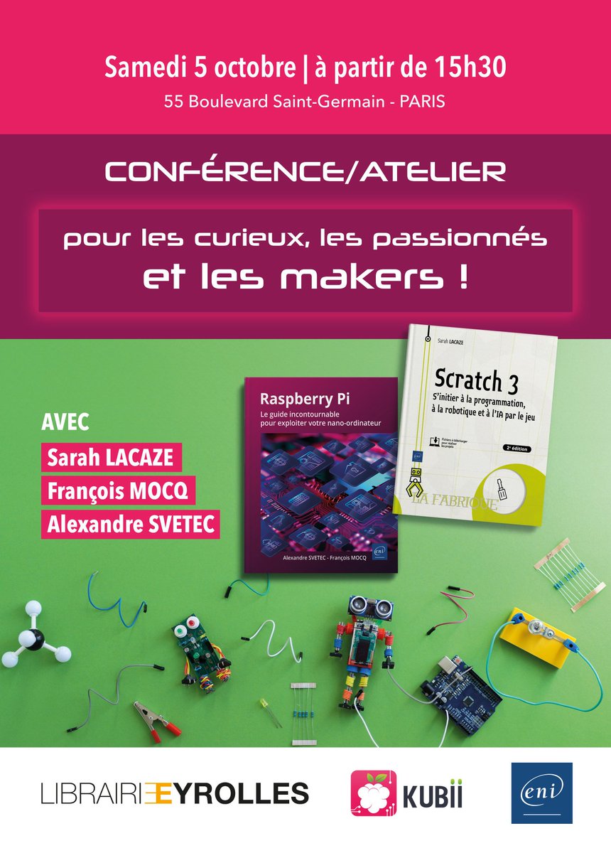 Saviez-vous qu'on peut créer des Jeux vidéo, des robots et même s'initier à l'IA avec Scratch ? 
Envie d'en savoir +
RDV le 5 octobre à la <a href="/EyrollesLib/">Librairie Eyrolles</a> (Paris)