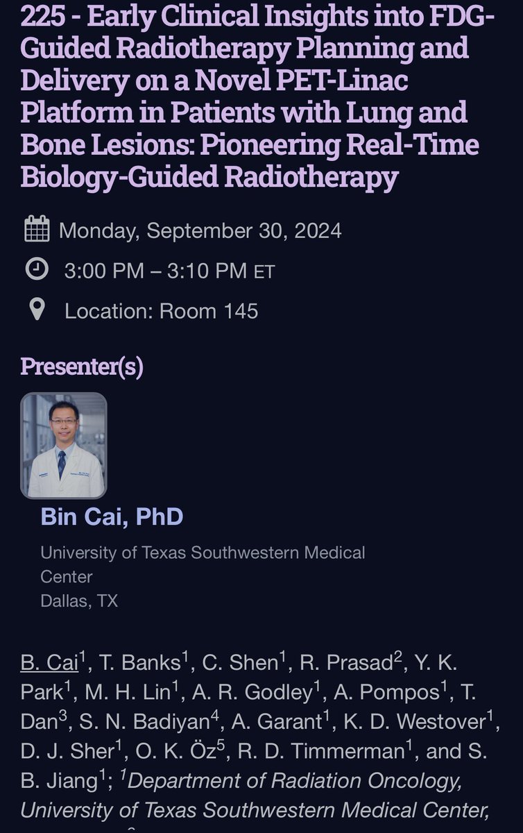 Bin Cai (@bincaimedphys) on Twitter photo It was a great honor to present our clinical experience on #BgRT at #ASTRO24 <a href="/ASTRO_org/">ASTRO</a> . Take a team effort from <a href="/UTSW_RadOnc/">UTSW Radiation Oncology</a> <a href="/UTSW_Radiology/">UTSW Radiology</a> <a href="/utswcancer/">UTSW Simmons Cancer Center</a> <a href="/reflexionmed/">RefleXion Medical</a> to successfully implement this novel technology and offer advanced treatments option to our patients ! It was a great honor to present our clinical experience on #BgRT at #ASTRO24 <a href="/ASTRO_org/">ASTRO</a> . Take a team effort from <a href="/UTSW_RadOnc/">UTSW Radiation Oncology</a> <a href="/UTSW_Radiology/">UTSW Radiology</a> <a href="/utswcancer/">UTSW Simmons Cancer Center</a> <a href="/reflexionmed/">RefleXion Medical</a> to successfully implement this novel technology and offer advanced treatments option to our patients !