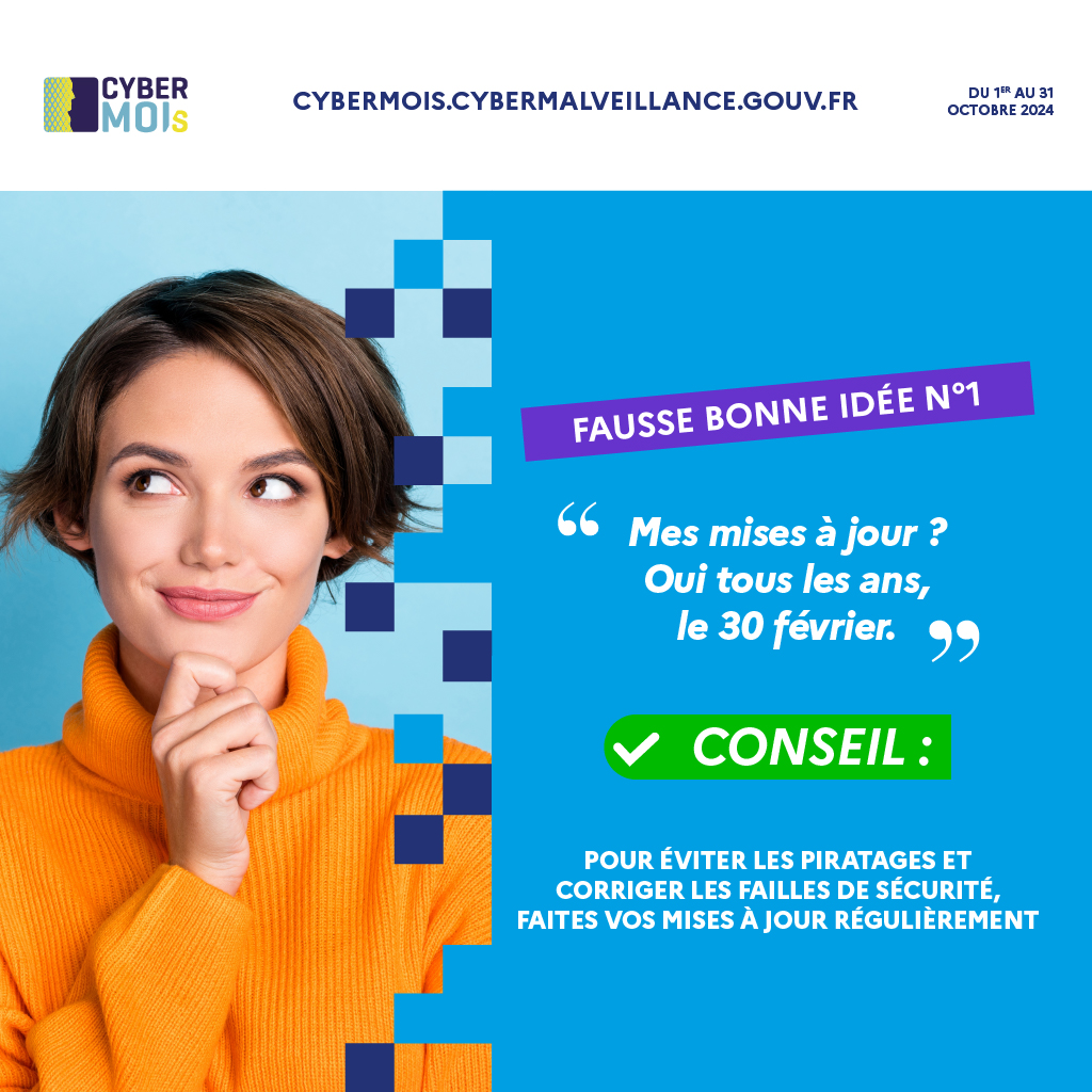 [#Cybermois] Fausse bonne idée n°1 : Les mises à jour

👍 Nous sommes tout à fait d'accord avec vous, c'est absurde !

✅ Parce que les mises à jour corrigent les failles de sécurité, faites les régulièrement !

🤝Soyons tous #CyberEngagés en partageant le visuel  de votre choix