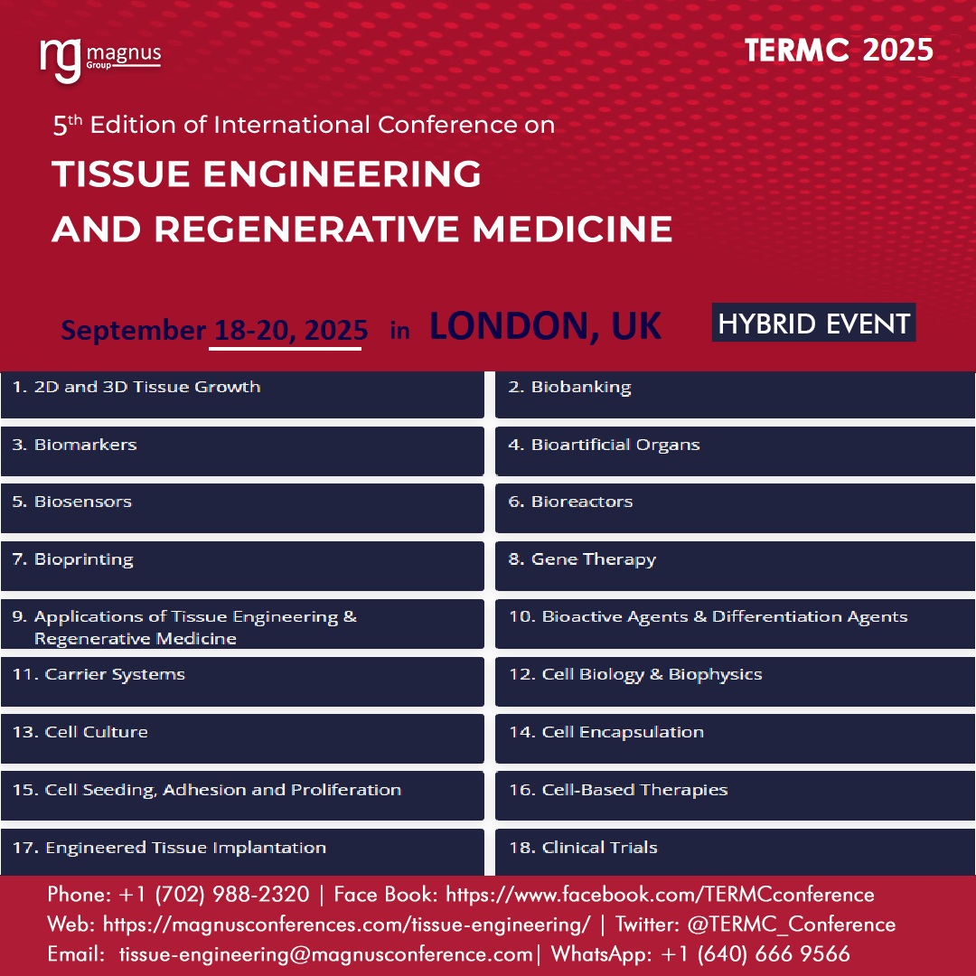 TERMCevent's tweet photo. Join us at @TERMCevent organized by @magnus_group ! Don't miss out on this incredible opportunity to connect with experts from around the world!
๐
: September 18-20, 2025
๐: London, UK | Hybrid event
๐: https://t.co/yRBhI8qpiA
#TERMC2025 #TissueEngineeringconference #london https://t.co/lmttRlsQ2V