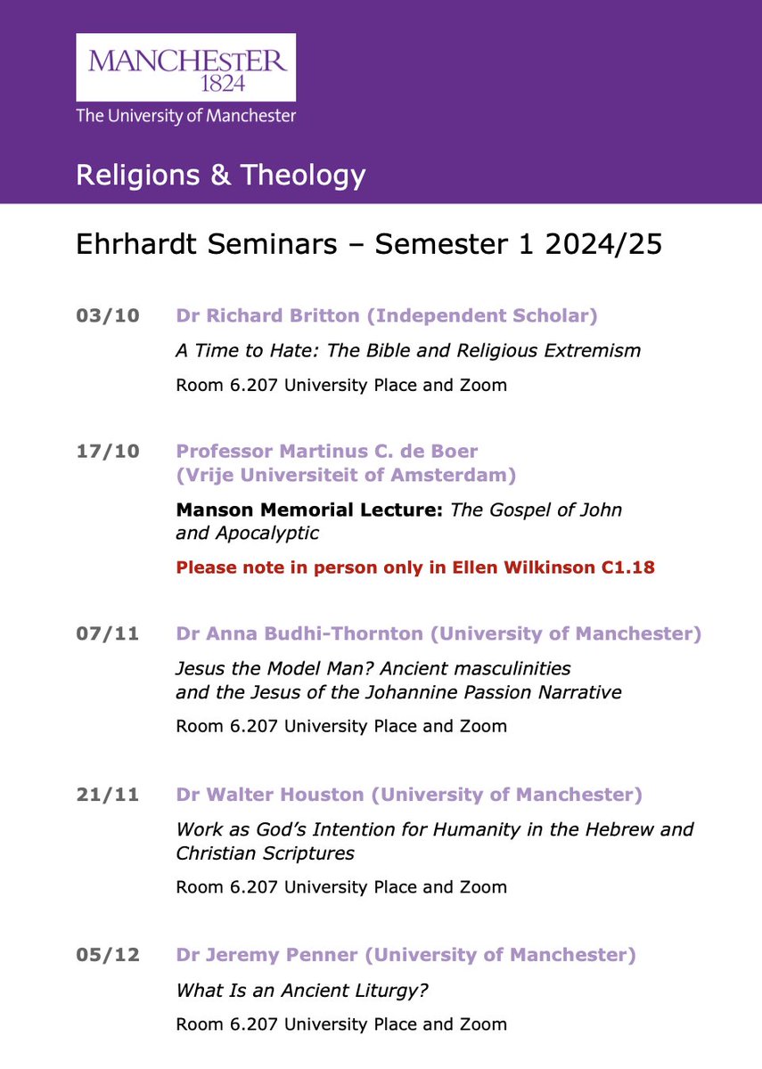 🗓️ We're pleased to share the Ehrhardt Seminar schedule for Semester 1. 

🏫You're very welcome to join us in person and for refreshments from 3pm in the common room, or on Zoom.

✉️ To join the mailing list and receive Zoom links, contact our new CBS Administrator Lynne Potts.