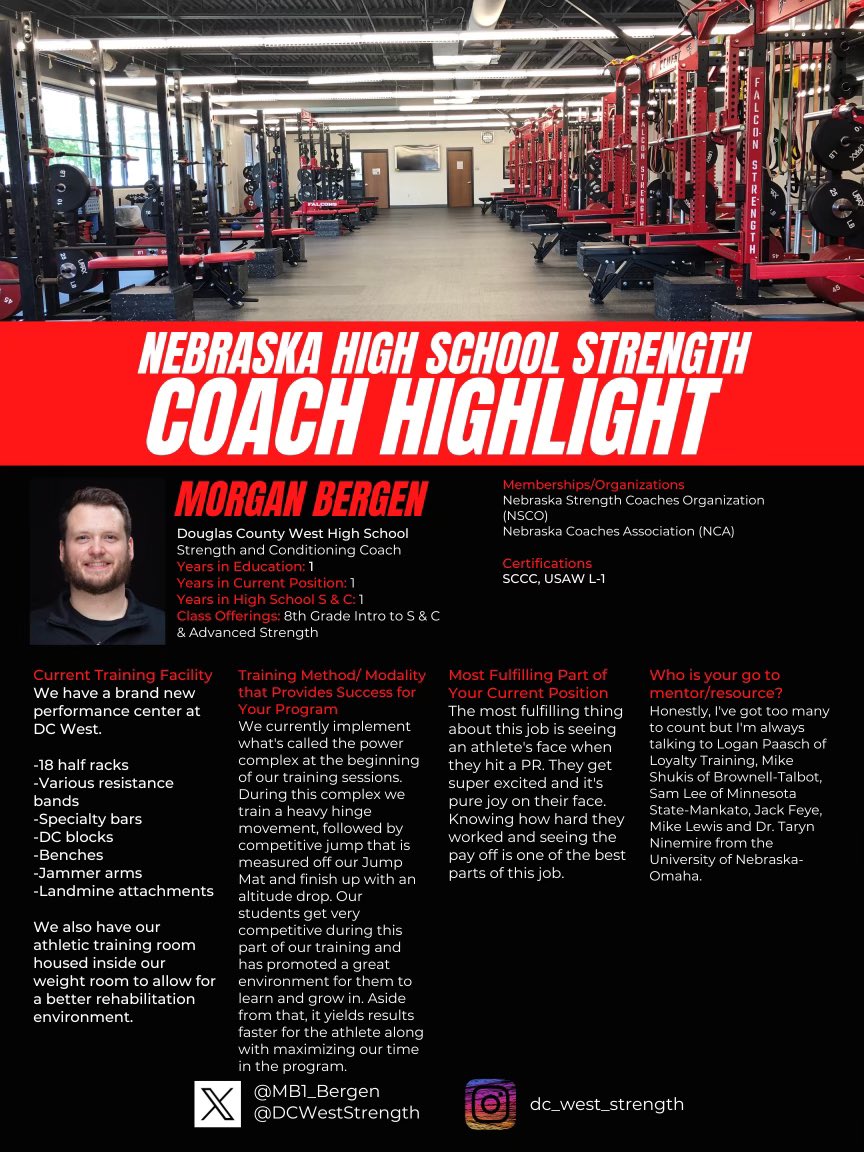 Nebraska Strength Coaches Organization (@nebstrength) on Twitter photo π¨October Coaches Highlightπ¨
Coach Bergen <a href="/MB1_Bergen/">Morgan Bergen</a> is doing some awesome things at DC West High School and provides a high quality product for <a href="/DCWestStrength/">DC West Strength and Conditioning</a>!
Be sure to reach out and introduce yourself if you ever get the chance. Another great resource to utilize! π¨October Coaches Highlightπ¨
Coach Bergen <a href="/MB1_Bergen/">Morgan Bergen</a> is doing some awesome things at DC West High School and provides a high quality product for <a href="/DCWestStrength/">DC West Strength and Conditioning</a>!
Be sure to reach out and introduce yourself if you ever get the chance. Another great resource to utilize!