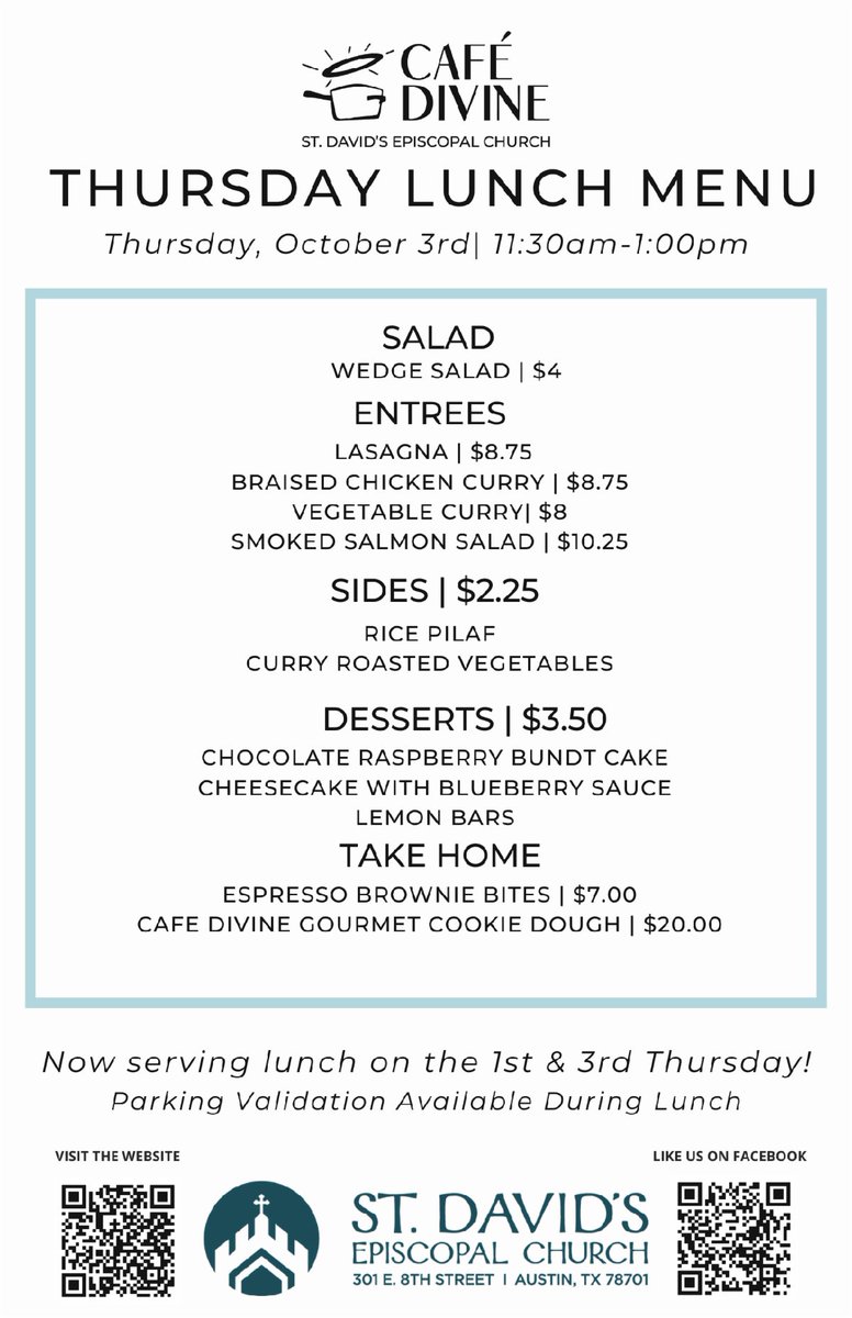Lasagna, braised chicken curry, smoked-salmon salad are on the menu for lunch! Come and enjoy 1st and 3rd Thursdays 11:30 a.m.-1 p.m.  
#downtownaustinlunch
@texasdiocese