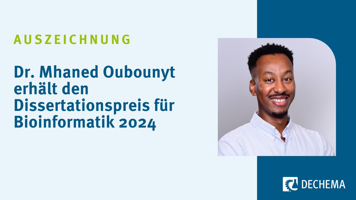 Dr. Mhaned Oubounyt erhält in diesem Jahr den Dissertationspreis der gemeinsamen Fachgruppe Bioinformatik (FaBI) von DECHEMA, GMDS, GBM, GDCh, GI und VAAM.

Mehr erfahren:
dechema.de/%C3%9Cber+uns/…