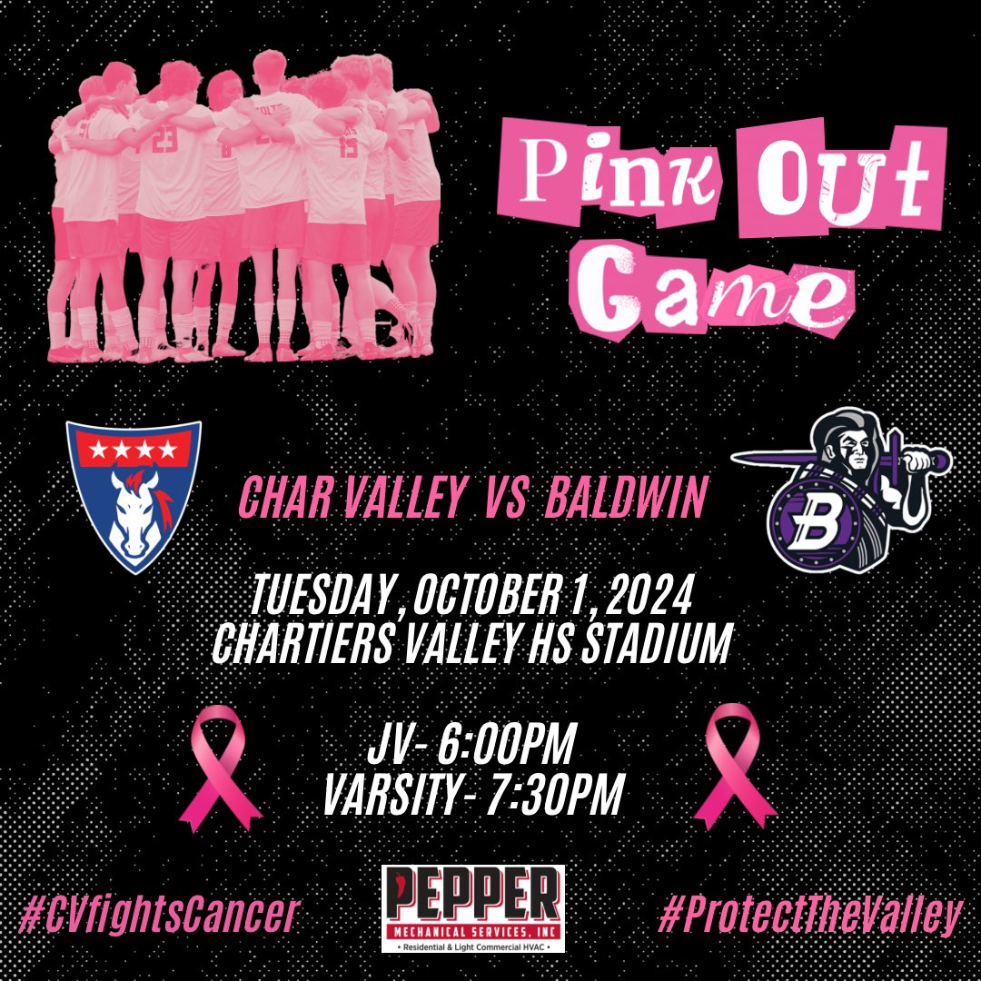 cvhsbsoccer's tweet photo. It’s another #COLTSGAMEDAY ⚽️ in The Valley vs @BW_Boys_Soccer .  

Join us to show how #CVfightsCancer in our annual PINKOUT GAME. Take part in our fundraisers to benefit a local CV family.  

Let’s unite to show how we #ProtectTheValley 💗 on &amp; off the field! https://t.co/POuyQgqesD