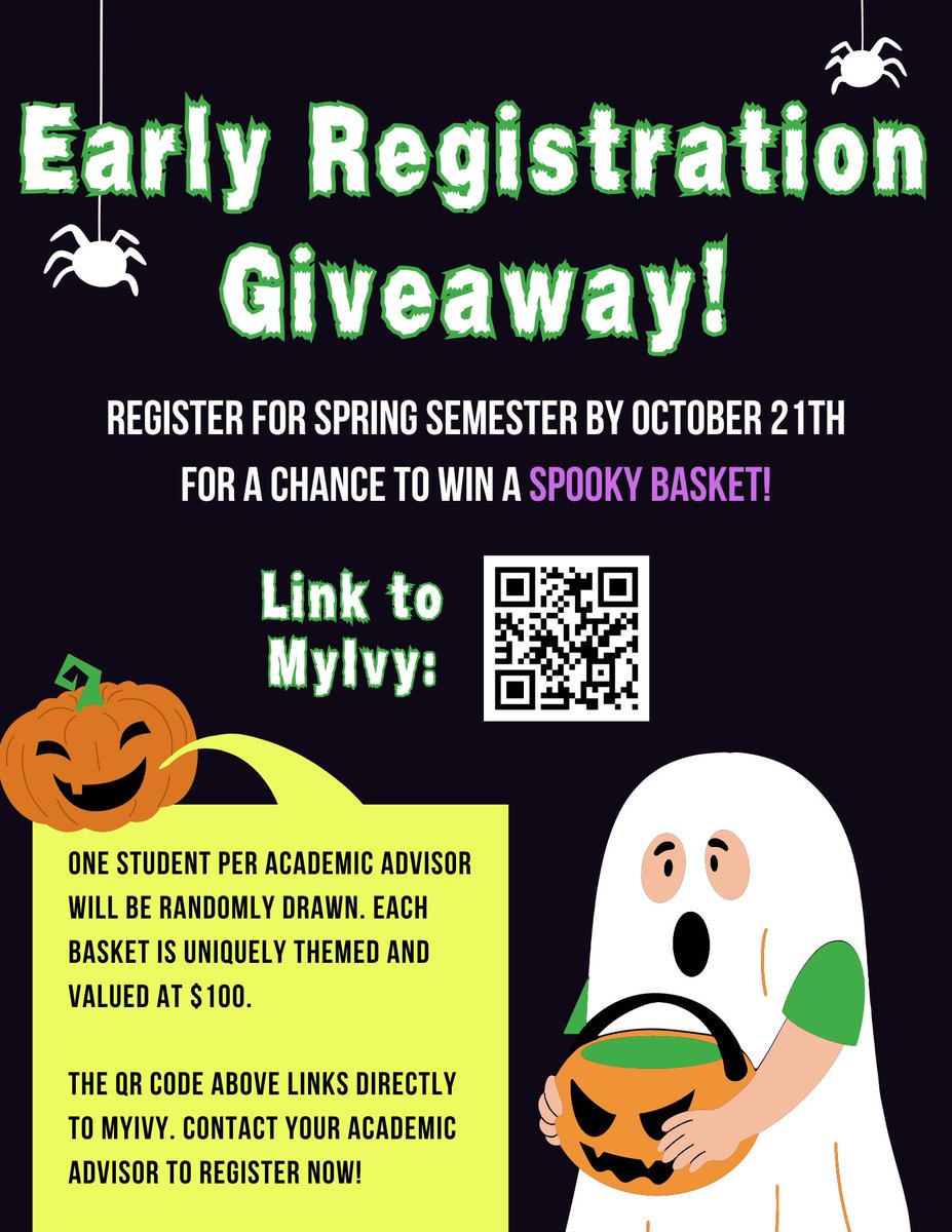 🎃👻Spooky Basket Giveaway! 👻🎃

➡️Register for spring semester by October 21st, to be entered into a drawing to win a spooky basket. Email your advisor today to get your advising appt on the calendar! #ImWithIvy #SpookyBasket #SpringRegistration